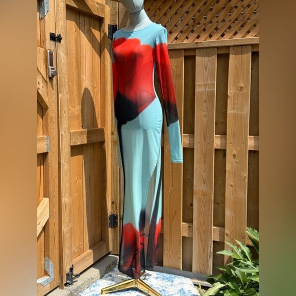🆕 RAT & BOA 🧿 NWOT Santino Sheer Long Sleeve Dress, Blue with Red Tulip Sz XXS - Picture 5 of 16